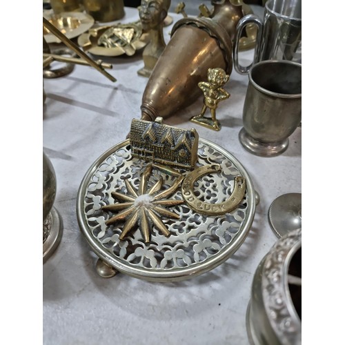 306 - Box containing large quantity of brass ware and silver plated items to include a 3 tier candelabra, ... 