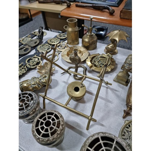 306 - Box containing large quantity of brass ware and silver plated items to include a 3 tier candelabra, ... 