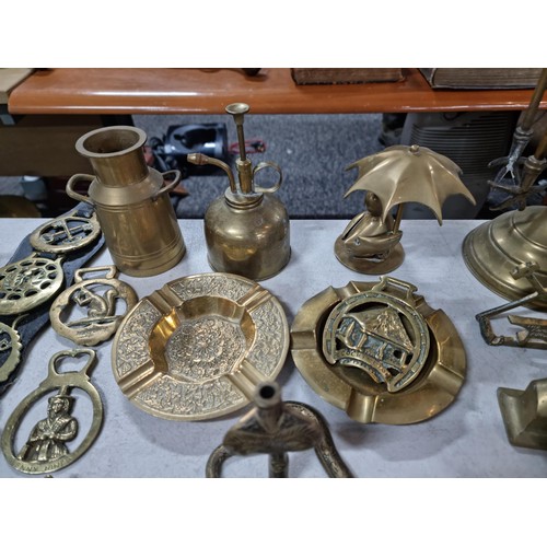 306 - Box containing large quantity of brass ware and silver plated items to include a 3 tier candelabra, ... 