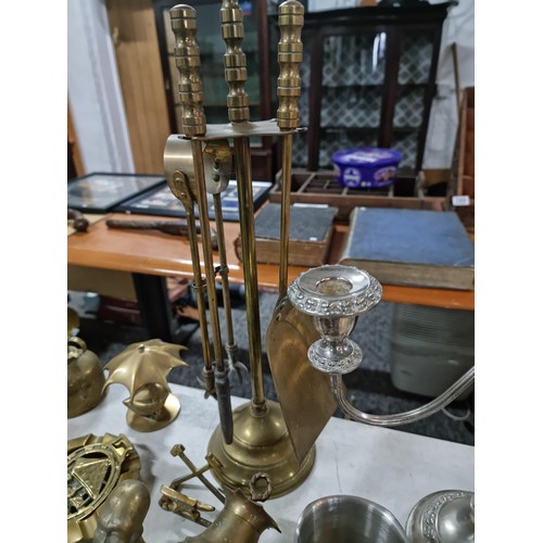 306 - Box containing large quantity of brass ware and silver plated items to include a 3 tier candelabra, ... 