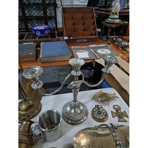 306 - Box containing large quantity of brass ware and silver plated items to include a 3 tier candelabra, ... 