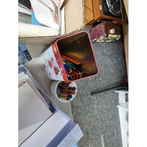 315 - Box containing a quantity of craft related items inc pens, pencils, crayons, greeting card making ki... 