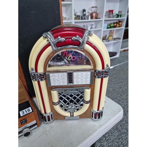 316 - Collection of audio items inc a HMV Garrad turn table, juke box style tape player, vintage style rec... 