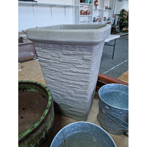 323 - Quantity of planters inc a blue glaze stoneware planter, green drip glaze stone planter, tall plasti... 