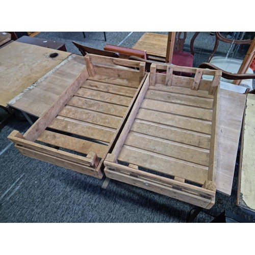 326 - 2x vintage wooden Belvoir Estates Ltd potato trays in good order, each measure 17cm high 76cm long a... 