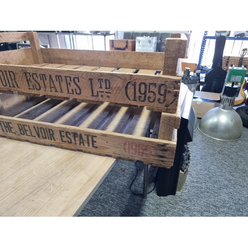 326 - 2x vintage wooden Belvoir Estates Ltd potato trays in good order, each measure 17cm high 76cm long a... 