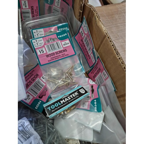 329 - Box containing a quantity of as new boxes and bags of hooks, nails, tack pins screws etc