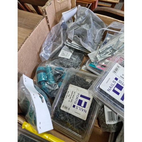 329 - Box containing a quantity of as new boxes and bags of hooks, nails, tack pins screws etc