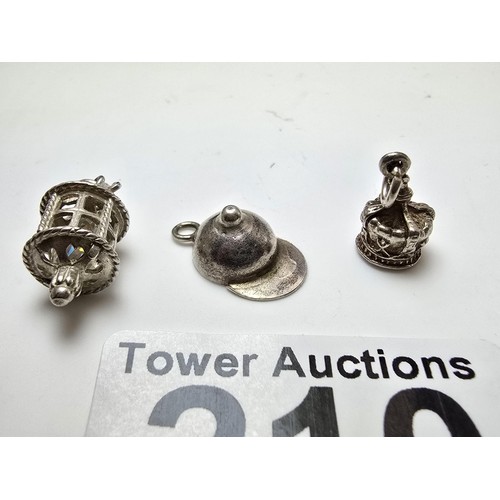 210 - 3x good quality vintage 25 silver charms for a charm bracelet to include a jockeys cap, a crown and ... 