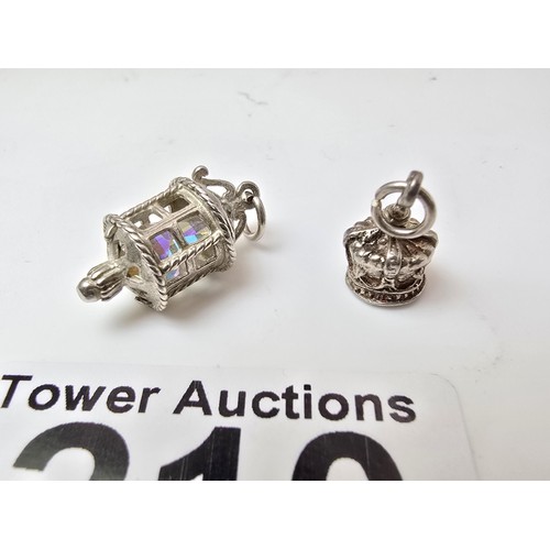 210 - 3x good quality vintage 25 silver charms for a charm bracelet to include a jockeys cap, a crown and ... 