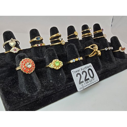 220 - A large collection of approx 22 ornate costume dress rings which includes one 925 silver ring with a... 