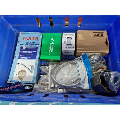 334 - Box containing a quantity of bathroom plumbing accessories inc shower, taps, plumbing accessories, p... 