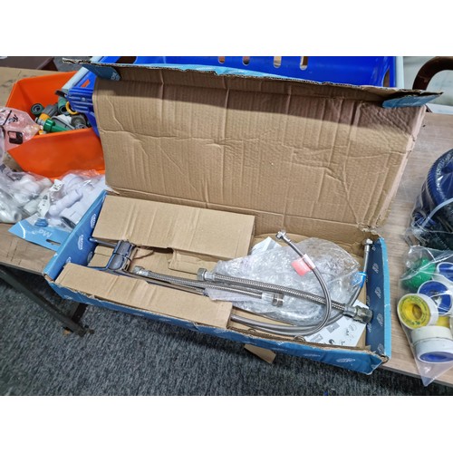 334 - Box containing a quantity of bathroom plumbing accessories inc shower, taps, plumbing accessories, p... 