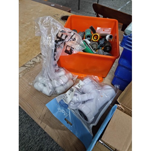 334 - Box containing a quantity of bathroom plumbing accessories inc shower, taps, plumbing accessories, p... 