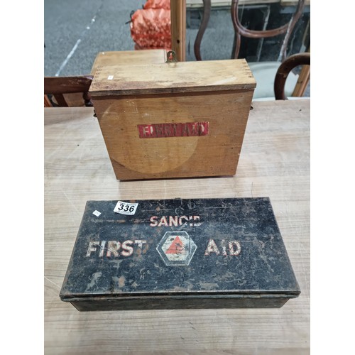 336 - 2x good quality vintage first aid boxes inc a metal Sanoid first aid box containing a variety of fir... 