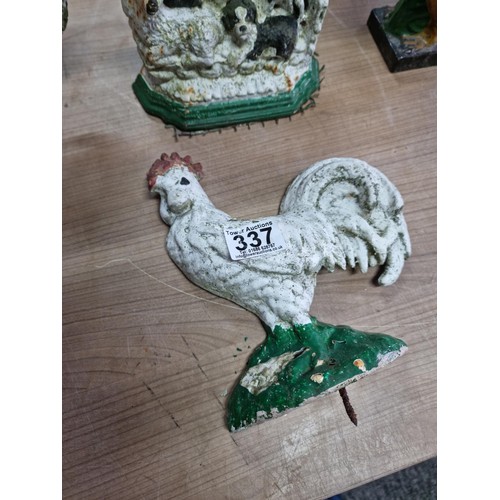 337 - Quantity of 4x cast iron animal garden ornaments inc 2x white chickens, cockerel and a family group ... 