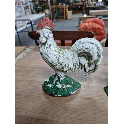 337 - Quantity of 4x cast iron animal garden ornaments inc 2x white chickens, cockerel and a family group ... 