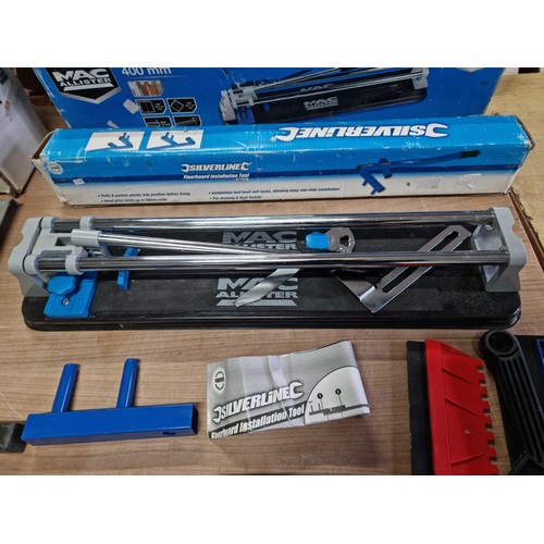 342 - 3x boxed tools inc a MACAllister 400mm manual tile cutter, a Silverline floor board tool and a Screw... 