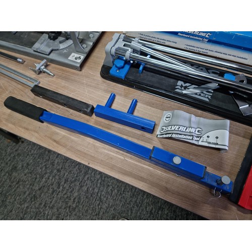 342 - 3x boxed tools inc a MACAllister 400mm manual tile cutter, a Silverline floor board tool and a Screw... 