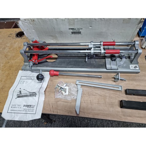 342 - 3x boxed tools inc a MACAllister 400mm manual tile cutter, a Silverline floor board tool and a Screw... 