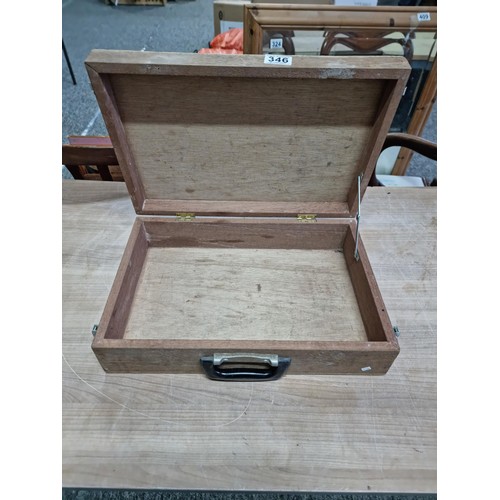 346 - Good quality empty wooden tool box with clips to the side in overall good condition measures 12cm hi... 