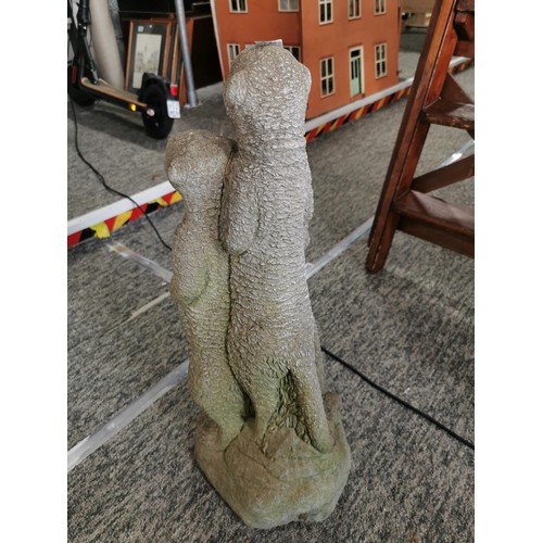 351 - Tall family group of 3 meerkats, in overall good condition cast in concrete, height of 77cm base dia... 