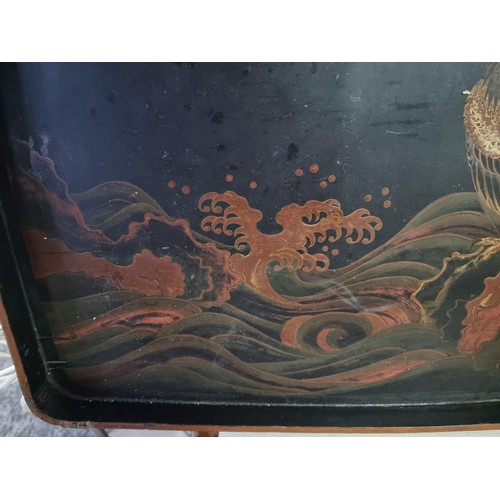 376 - Very large ebony tray with a decoration of an Eagle and tree design, with metal banding around the e... 