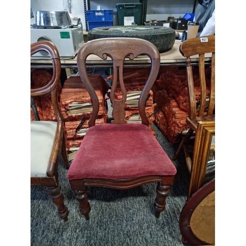 406 - Pair of Victorian Balloon back mahogany dining chairs with white padded seats along with a mahogany ... 