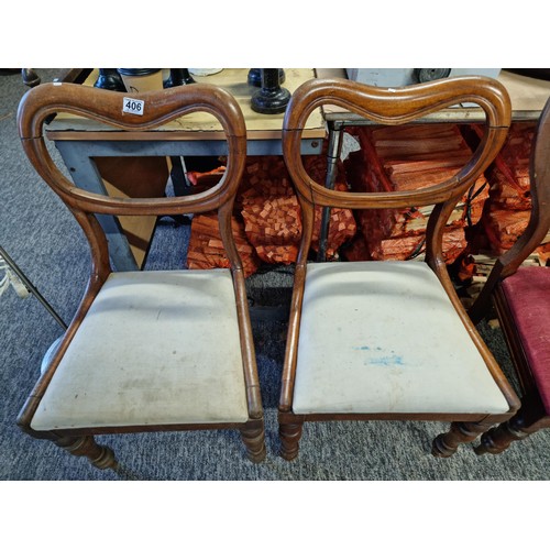 406 - Pair of Victorian Balloon back mahogany dining chairs with white padded seats along with a mahogany ... 