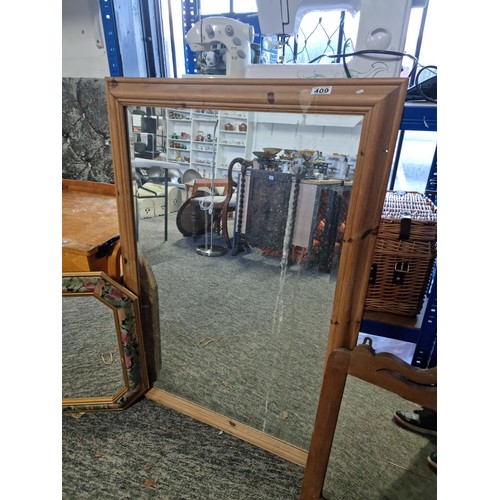 409 - Quantity of 3x mirrors to include a large pine framed mirror, floral framed mirror and 1x other mirr... 