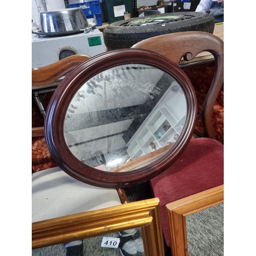 410 - 3x mirrors including a gilt framed bevel edged mirror, Pine framed mirror and a vintage mahogany fra... 