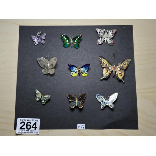 264 - A suite of 9x pretty butterfly brooches which includes a tested as silver butterfly brooch which dou... 