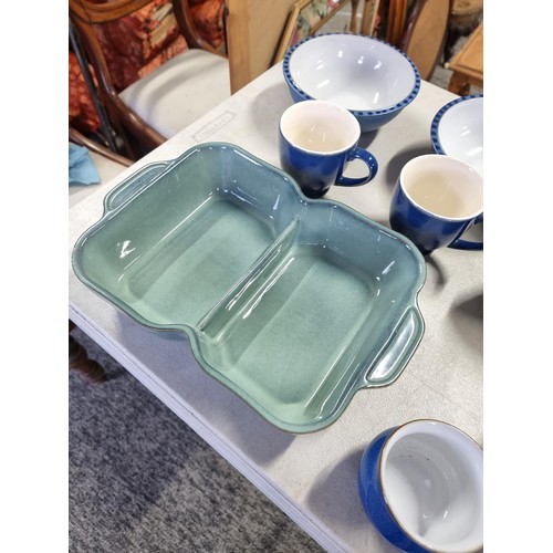 383 - Part dinner set of Denby in blue inc 4x mugs, 5x cups, 3x bowls, 7x dinner plates, 6x salad plates a... 