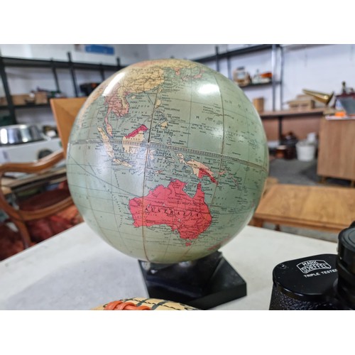 384 - Small quantity of collectables to inc a vintage terrestrial globe on stand, a cased pair of Mark Sch... 