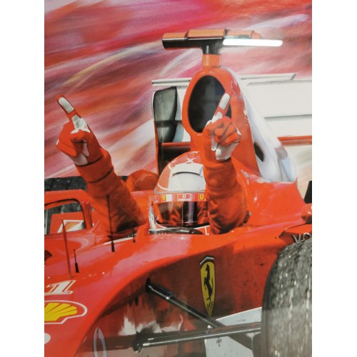 399 - Large framed and glazed print of 7x World Champion Michael Schumacher in a Ferrari Formula One Car w... 