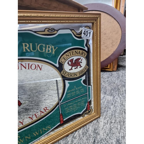 401 - Framed mirror depicting 100 years of welsh rugby dating 1980-81, 8x grand slams and 16 triple crown ... 