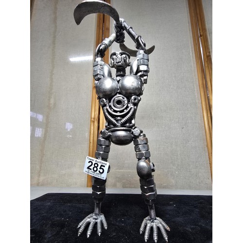 285 - A handmade very impressive metal art sculpture (36cm high) completely made from nuts and bolts spark... 