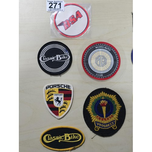 271 - A quantity of 10x sew on patches along with 2 others mostly relating to cars and bikes which include... 