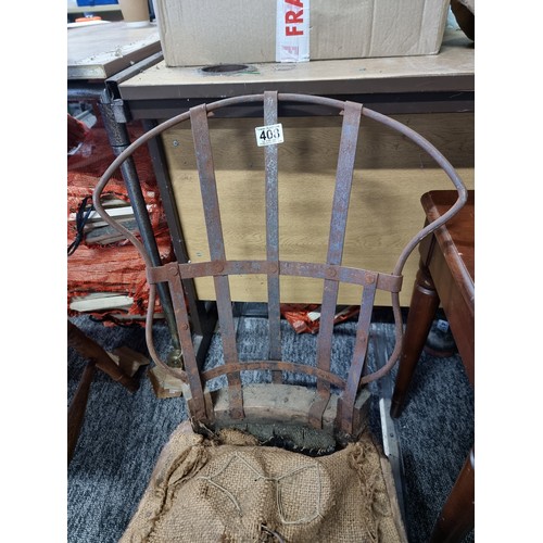 408 - Antique iron back walnut chair with original hessian seat base with springs underneath, standing on ... 