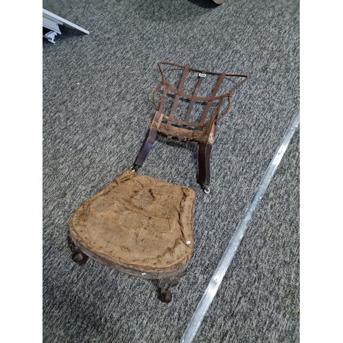 408 - Antique iron back walnut chair with original hessian seat base with springs underneath, standing on ... 