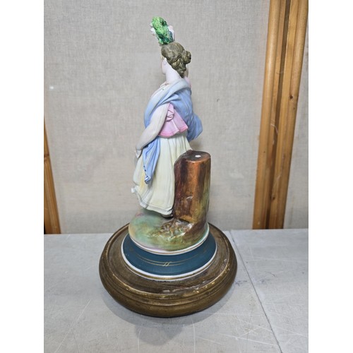 296 - A good quality antique Victorian porcelain figurine of a lady holding a Wreath standing on a wooden ... 