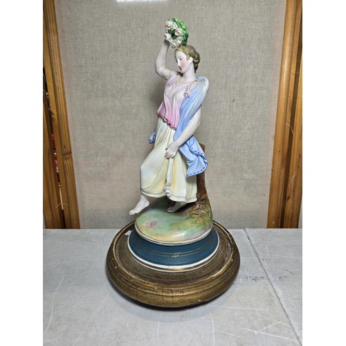 296 - A good quality antique Victorian porcelain figurine of a lady holding a Wreath standing on a wooden ... 