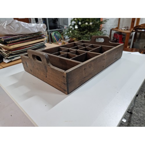 297 - A good antique engineering sectional wood drawer/trug or possibly a letter press printers draw, has ... 