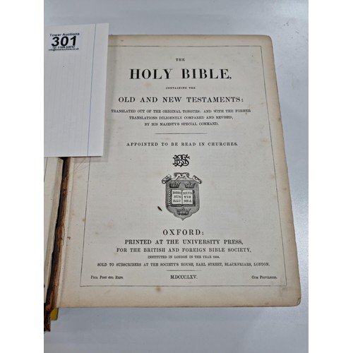 301 - Good antique Family Holy Bible dated 1865 featuring hand written notes on the first two pages relati... 