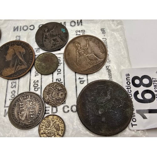 168 - A quantity of collectable coins to include 4 silver coins, to include an 1887 Queen Victoria 6 pence... 