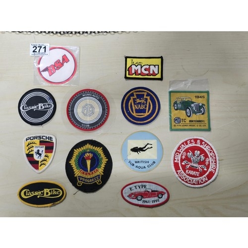 271 - A quantity of 10x sew on patches along with 2 others mostly relating to cars and bikes which include... 