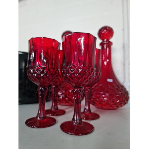 9 - Quantity of collectables inc a ruby glass set of two decanters and 4x glasses along with a large pla... 