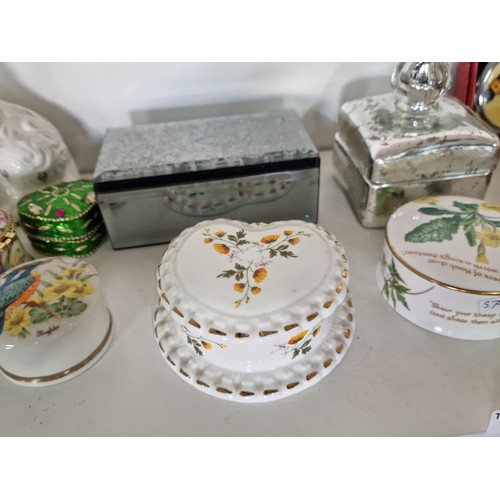 13 - Shelf full of collectables inc a collection of 19x trinket boxes in ceramic glass and metal inc a 19... 