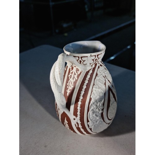 16 - Antique Cobridge Cashmere Jasperware jug in brown and white with a twisted snake handle with date le... 