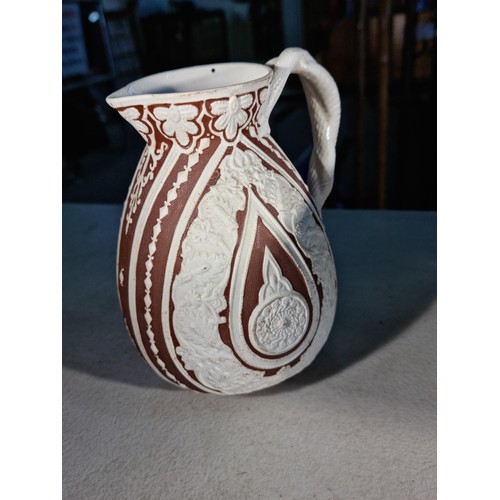 16 - Antique Cobridge Cashmere Jasperware jug in brown and white with a twisted snake handle with date le... 